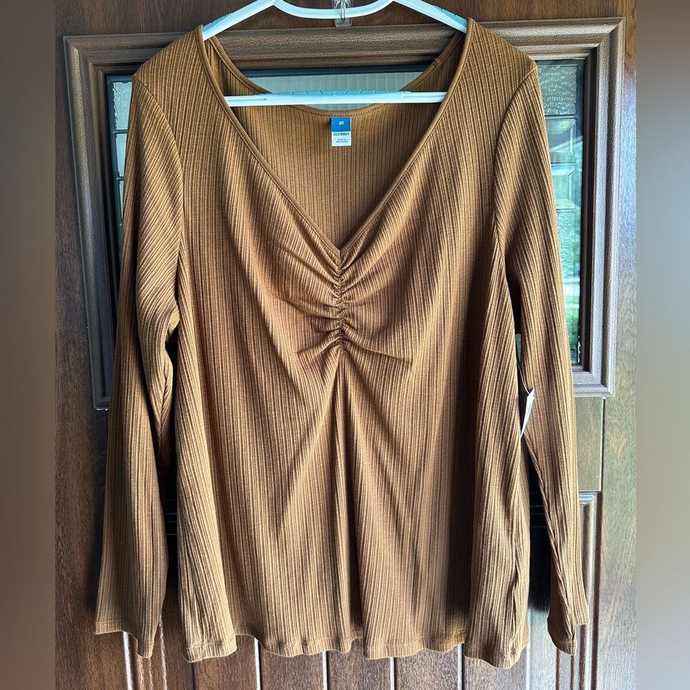 Brown Long Sleeve Women's Top with Ruched V-Neck
